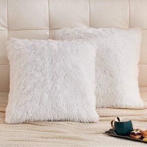 Luxurious White Faux Fur Throw Pillow Cover Set